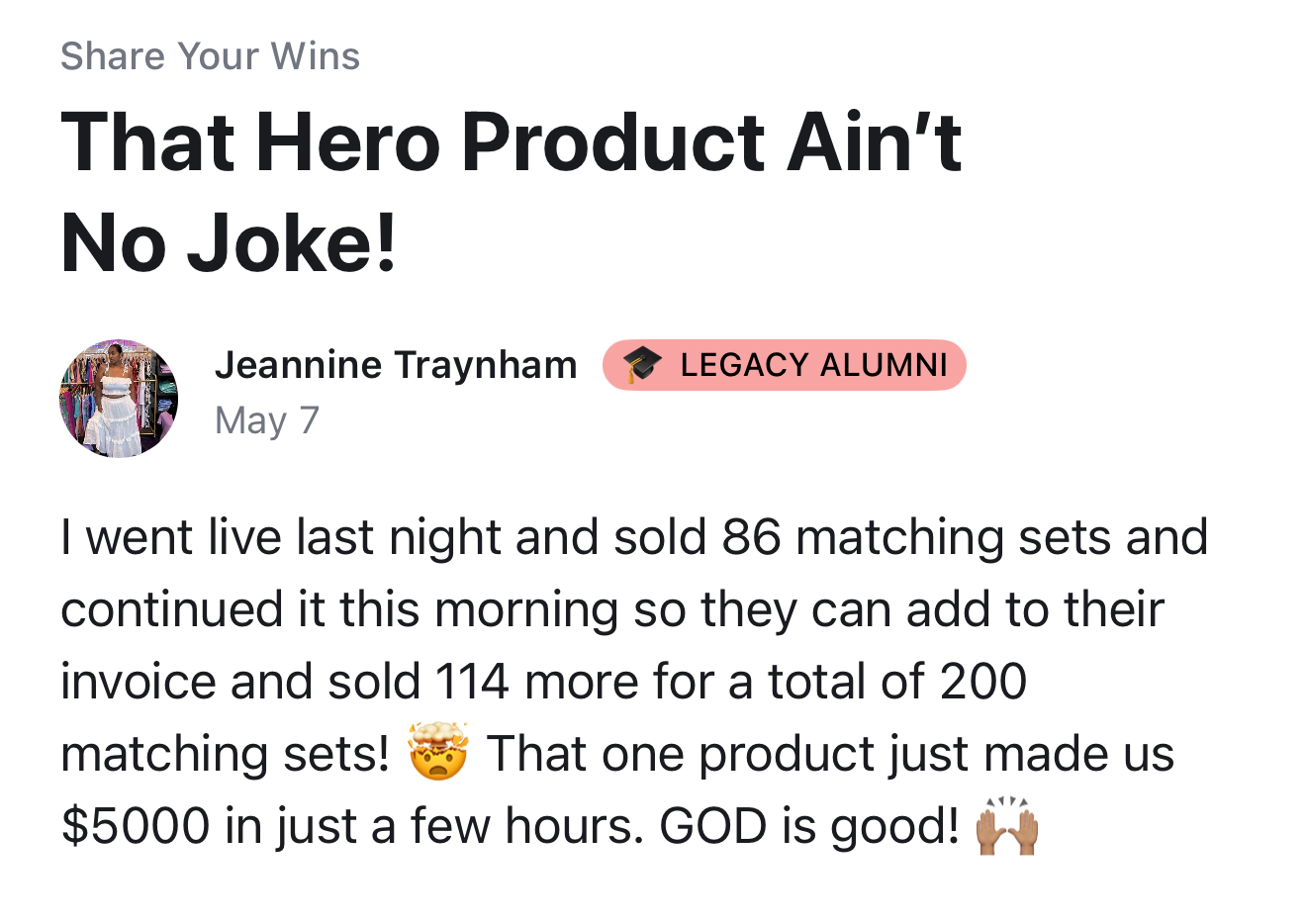 Hero product live → 200 matching sets sold